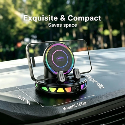 360 Rotating Wireless Charging Car Phone Mount RGB Ambient Light, Auto-Lock, Ultra-Stable Suction