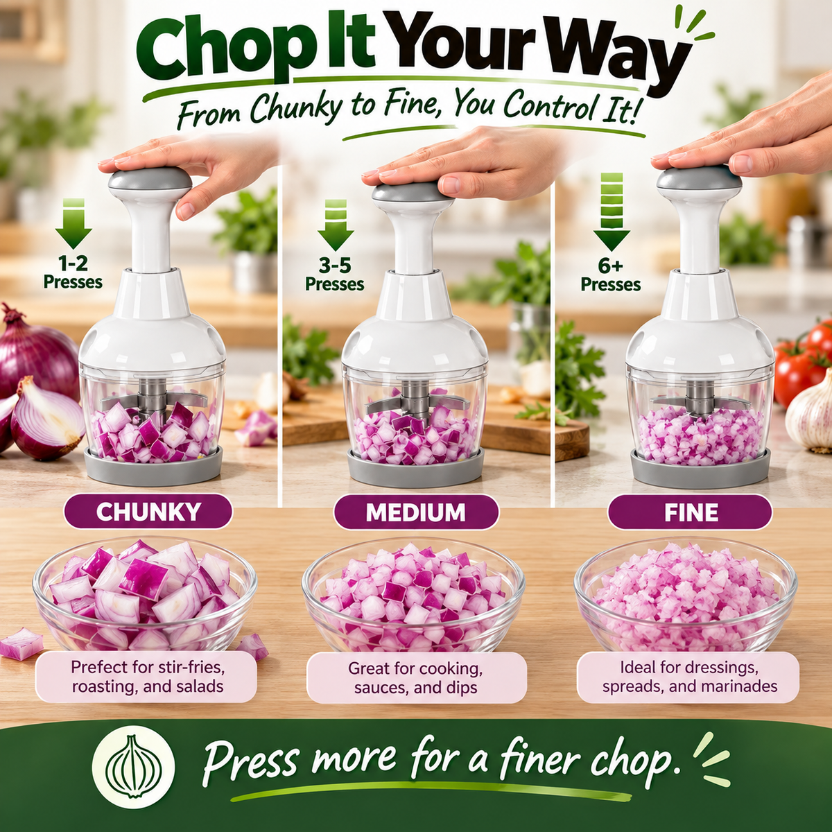 Push & Chop Manual Food Chopper Quick Prep for Onions, Garlic, Veggies & More