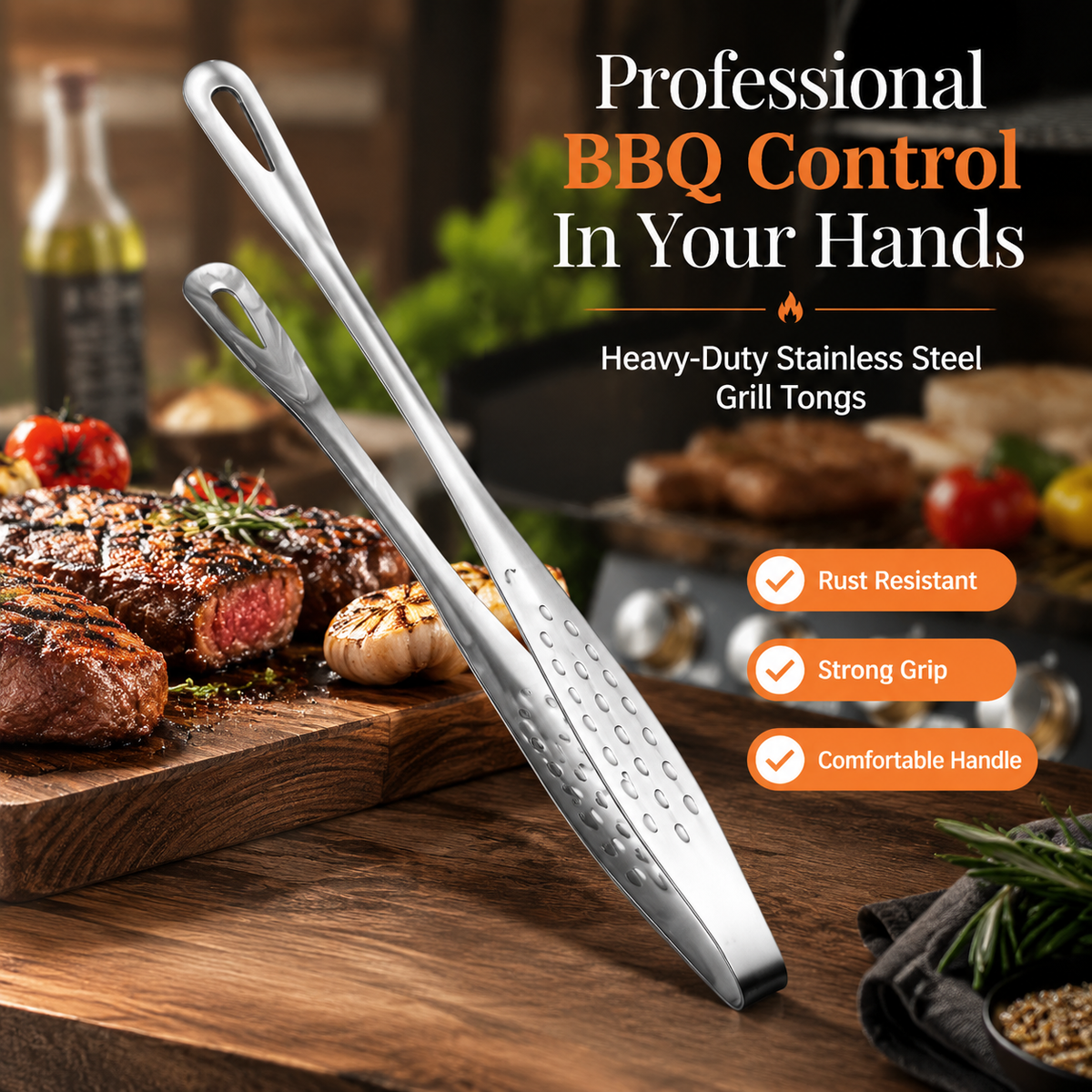 Stainless Steel BBQ Tongs Heavy-Duty Grill Tool for Easy Flipping & Serving