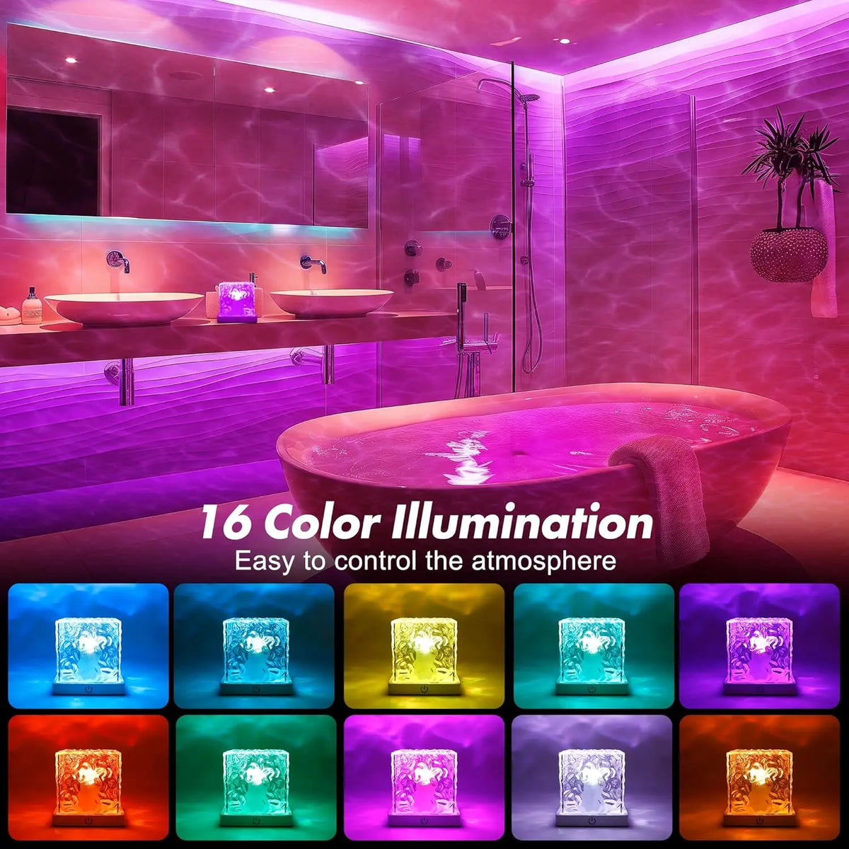 Rechargeable Waterproof Shower Light 16 Colors Ocean Wave Projector with Remote
