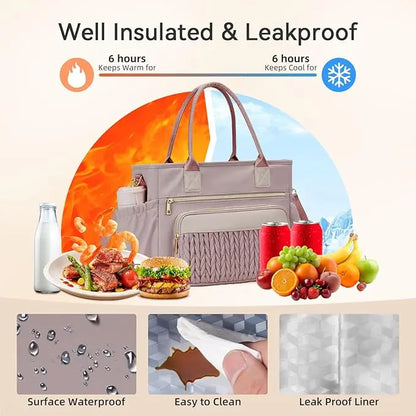 Stylish Insulated Lunch Tote Bag for Women Leakproof Cooler Bag with Multiple Pockets & Adjustable Shoulder Strap