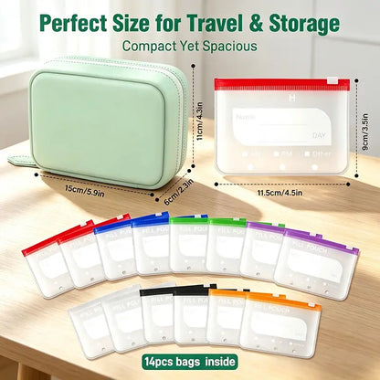 Waterproof A8 Pill Pouch Set, 14 Reusable Zippered Pill Bags