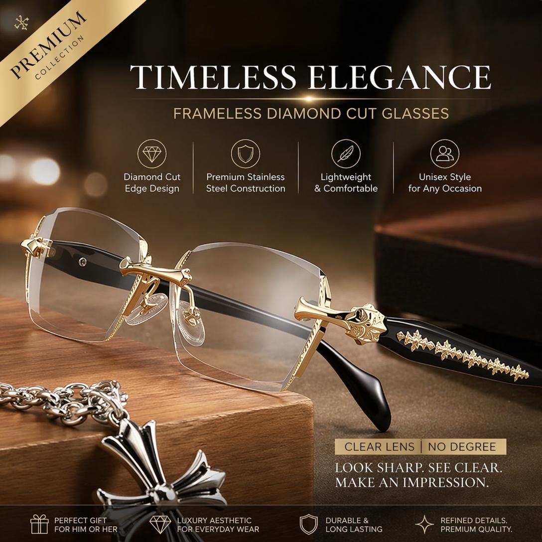 Rimless Diamond-Cut Glasses Stainless Steel Temple, Unisex