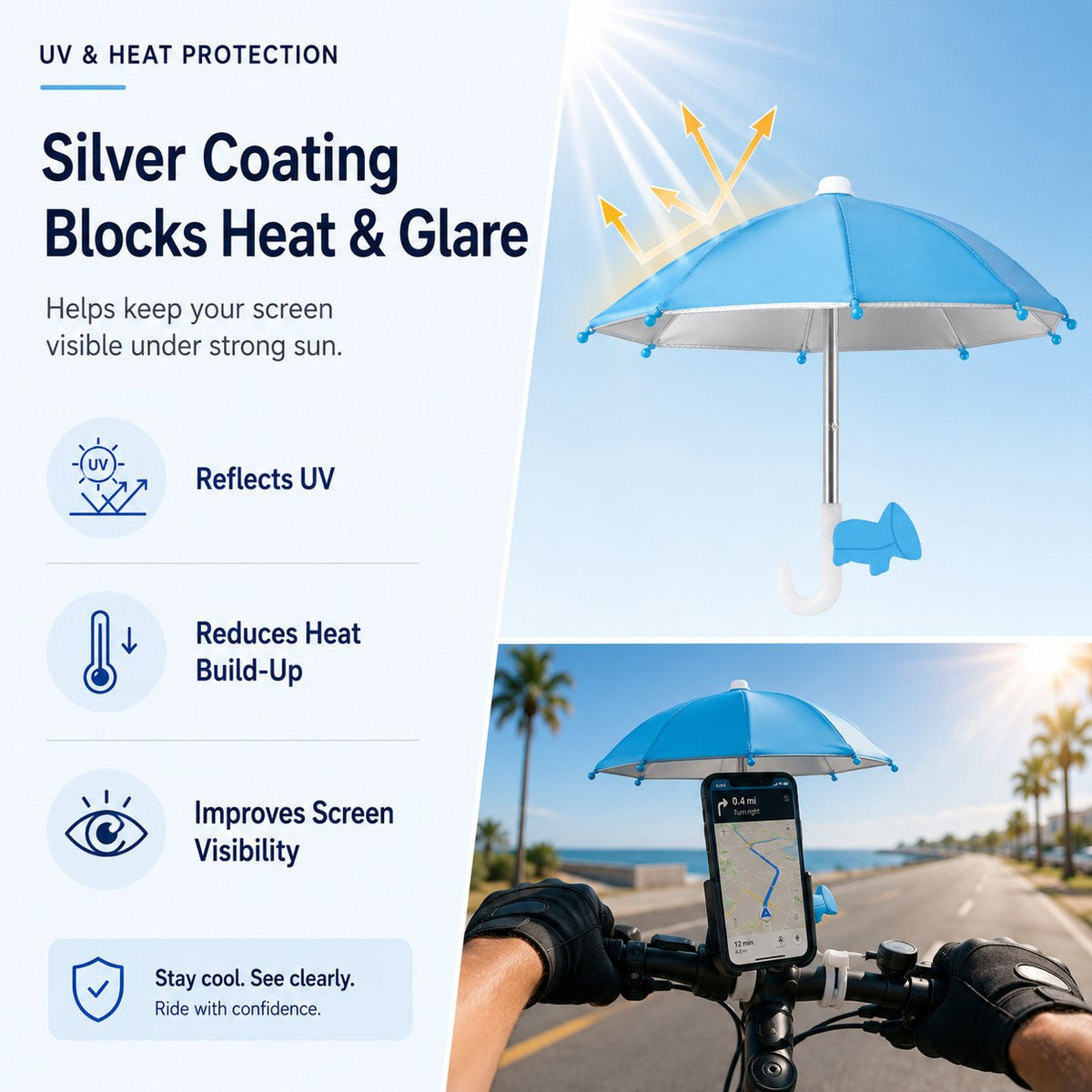 Mini Sun/Rain Umbrella for Motorcycle & Bicycle Phone MountShade Your Screen. Save Your Battery