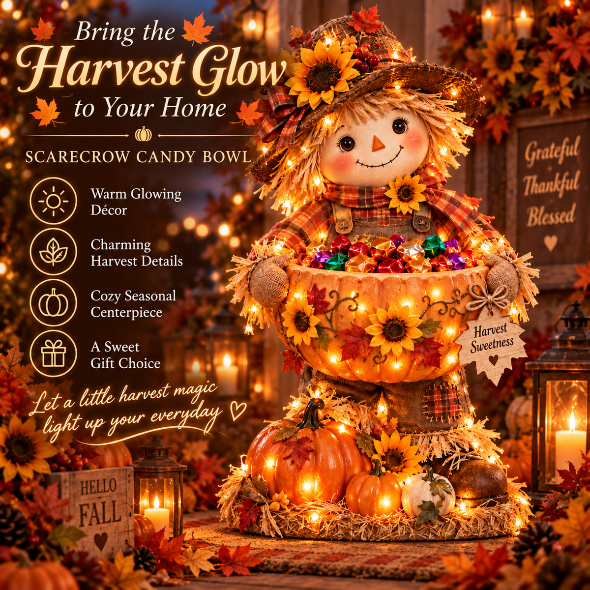Harvest Glow Lighted Scarecrow Candy Bowl