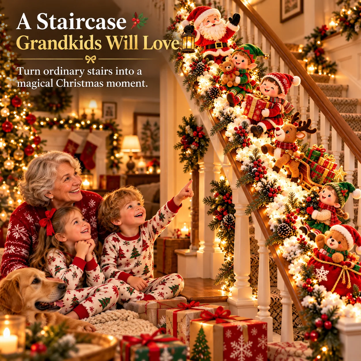 Santa s Staircase Workshop Lighted 6-Piece Christmas Stair Railing Decor