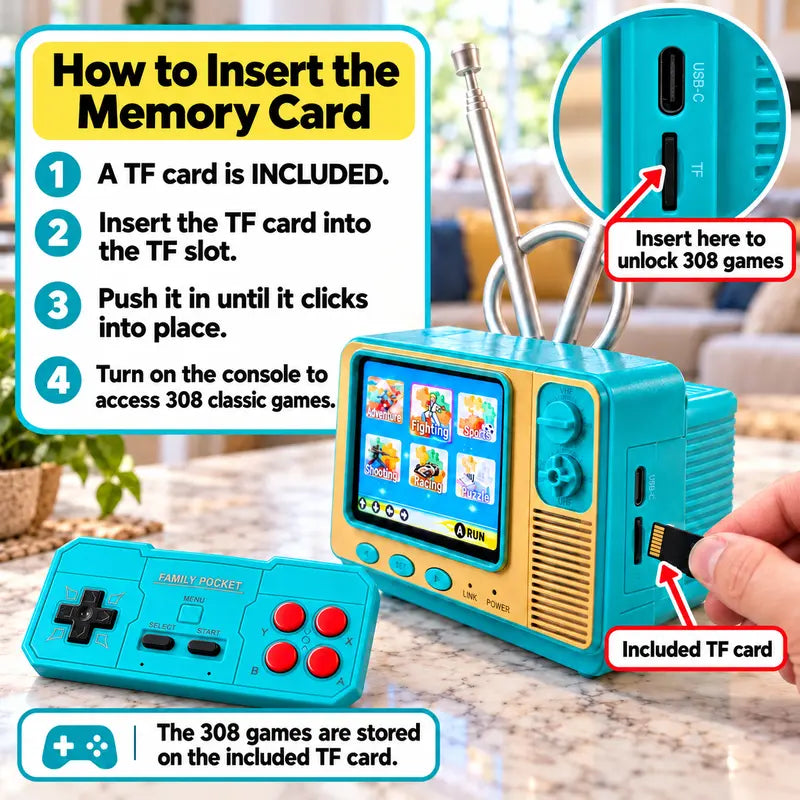 GV300 Retro Mini TV Gaming Console 2.8' IPS Screen, 308 Classic Games & Wireless Controller