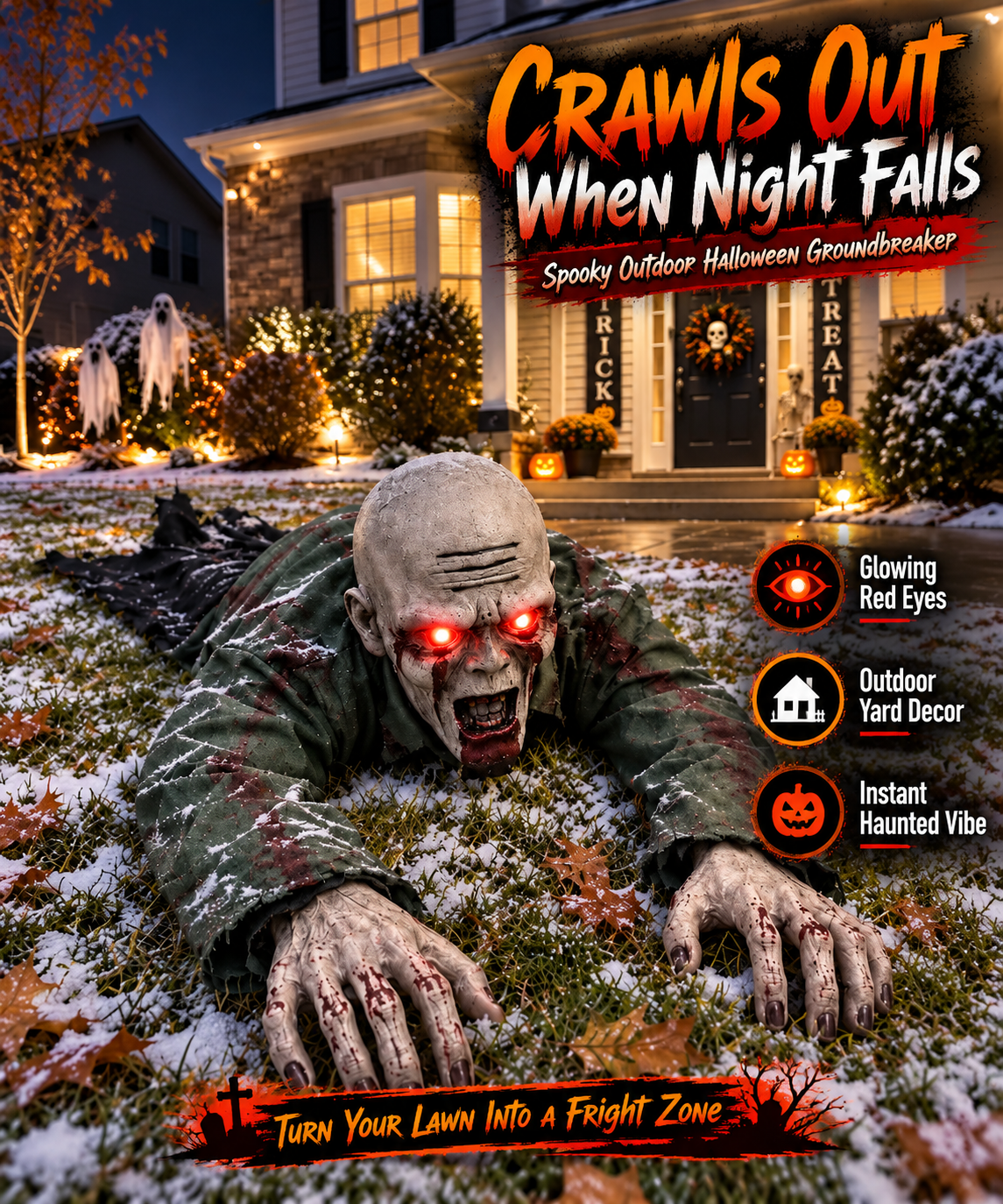 Crawling Zombie Halloween Porch Prop Glowing Red Eyes & Realistic Horror Decor