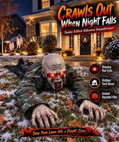 Crawling Zombie Halloween Porch Prop Glowing Red Eyes & Realistic Horror Decor