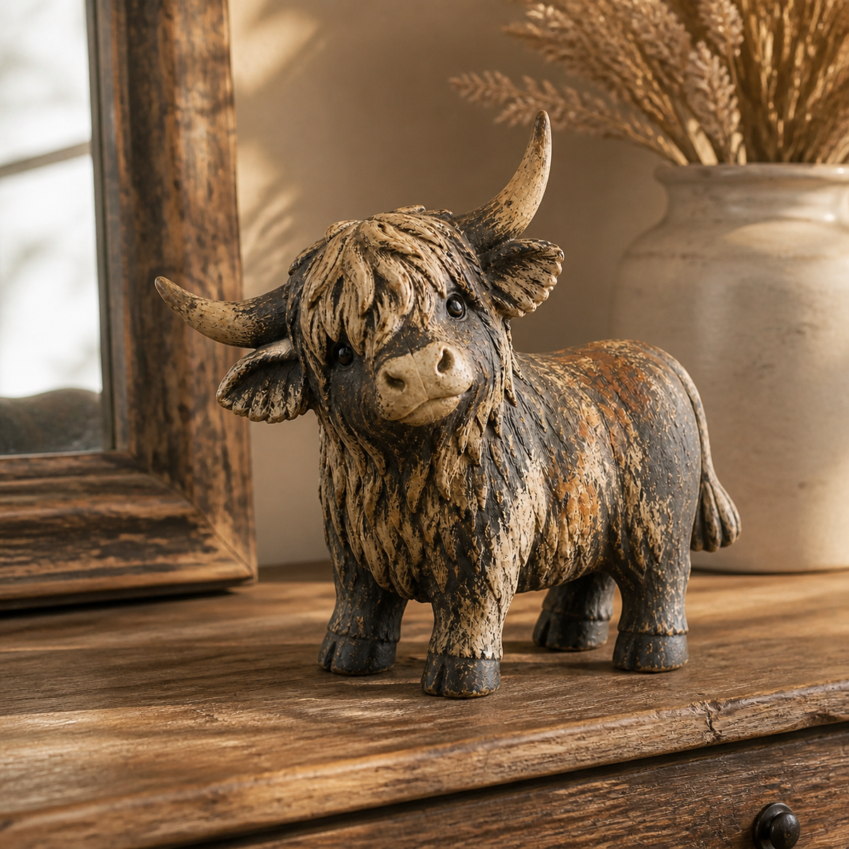 Rustic Highland Cow Figurine Charming Farmhouse Tabletop Decor