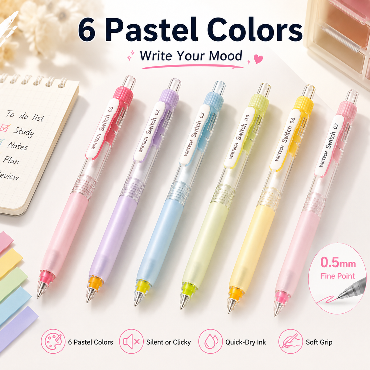 6-Color Silent Switch Gel Pen Set | Twist Between Silent & Clicky | 0.5mm Quick-Dry Smooth Writing Pens