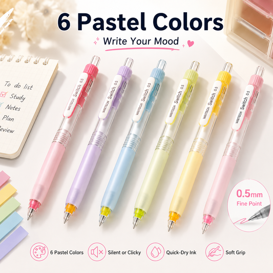 6-Color Silent Switch Gel Pen Set | Twist Between Silent & Clicky | 0.5mm Quick-Dry Smooth Writing Pens