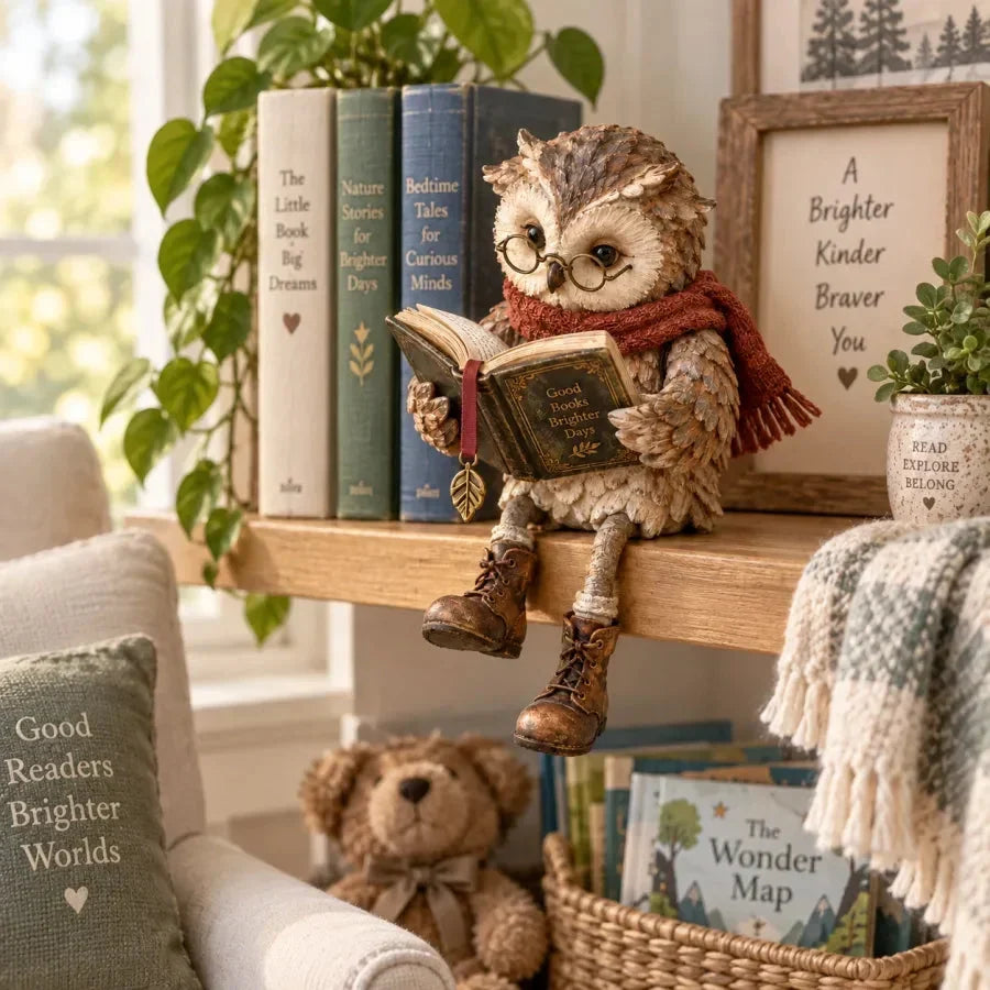 Reading Owl Figurine Cosy Bookshelf Decor for Book Lovers