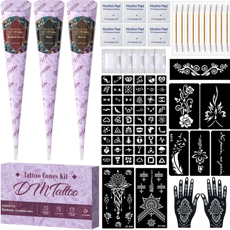 🌸 Henna Tattoo Kit with Stencils – Temporary Body Art Cones for Hands ...