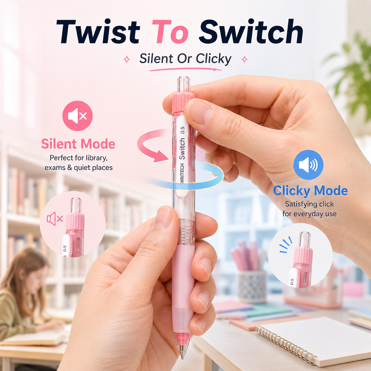 6-Color Silent Switch Gel Pen Set | Twist Between Silent & Clicky | 0.5mm Quick-Dry Smooth Writing Pens