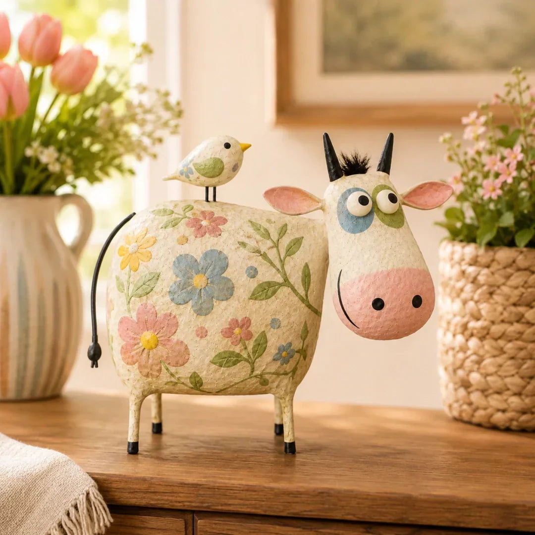 Whimsical Cow & Bird Folk Art Figurine