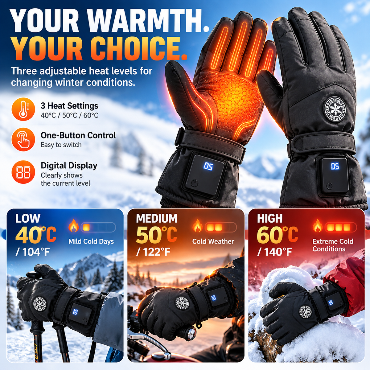 Rechargeable Heated Gloves 3 Heat Settings, Waterproof Touchscreen Winter Gloves
