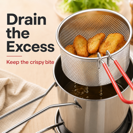 SUMMER - Personal Mini Deep Fryer Set Stainless Steel Pot with Lift-Out Draining Basket & Food Tongs