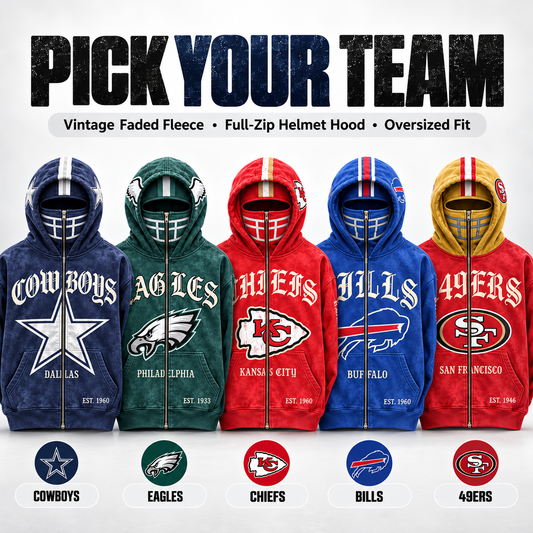 2-in-1 Football Full-Zip Hoodie for Men & Women Helmet-Style Zip Hood, Oversized Fit