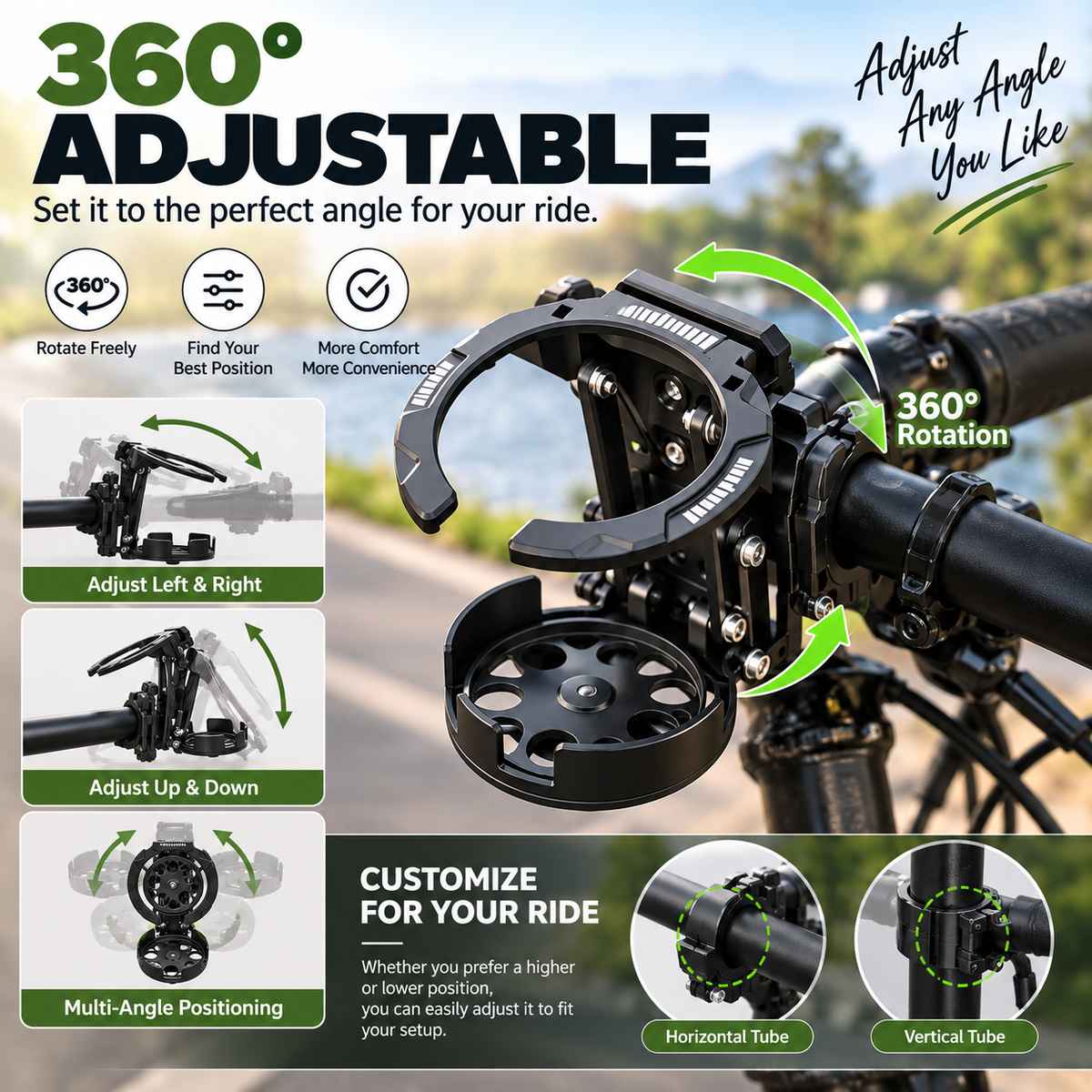 Foldable 360 Rotating Bike Cup Holder Adjustable Space-Saving Drink Mount