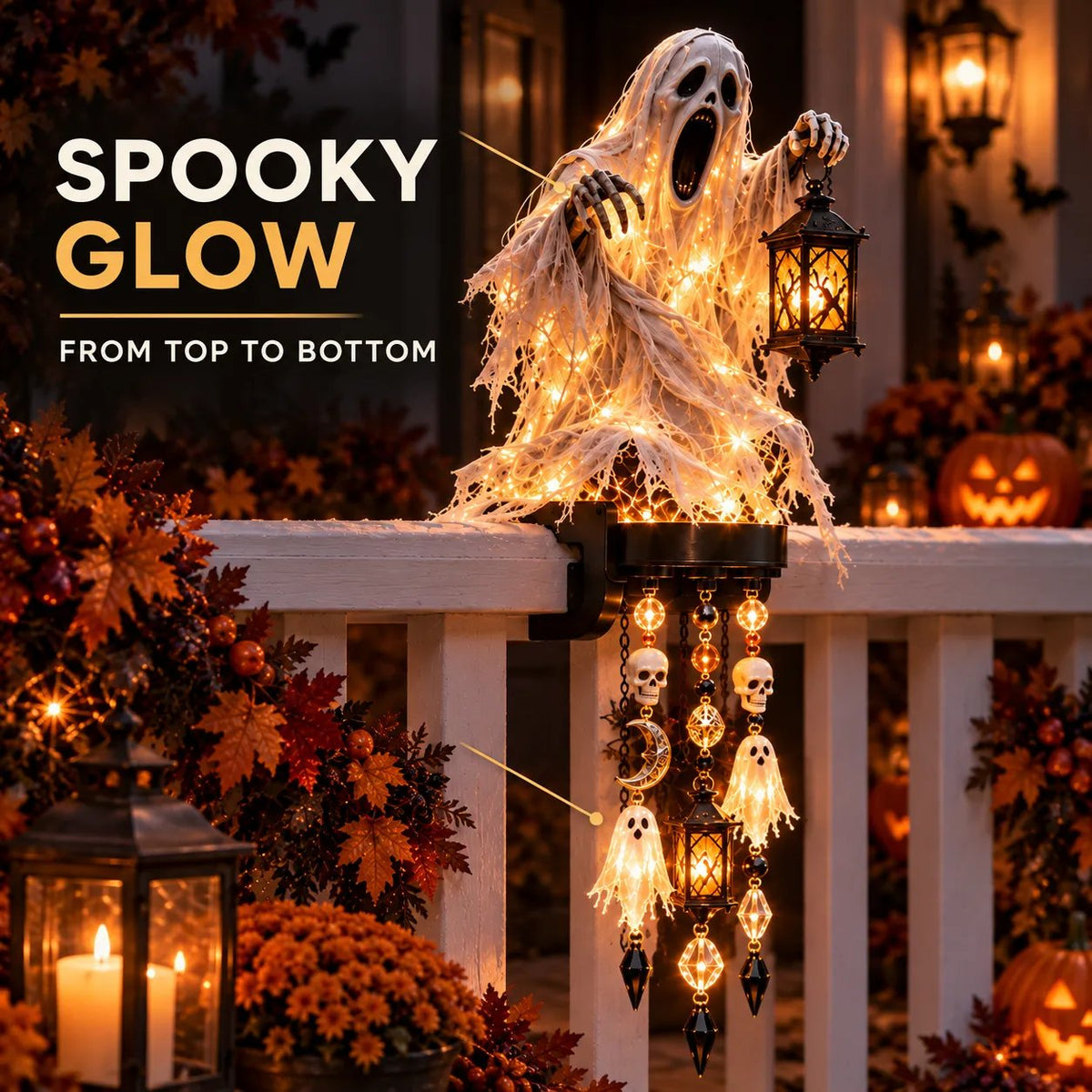 Halloween Character Glow Cascade Railing Lights Pumpkin, Witch, Ghost & Black Cat