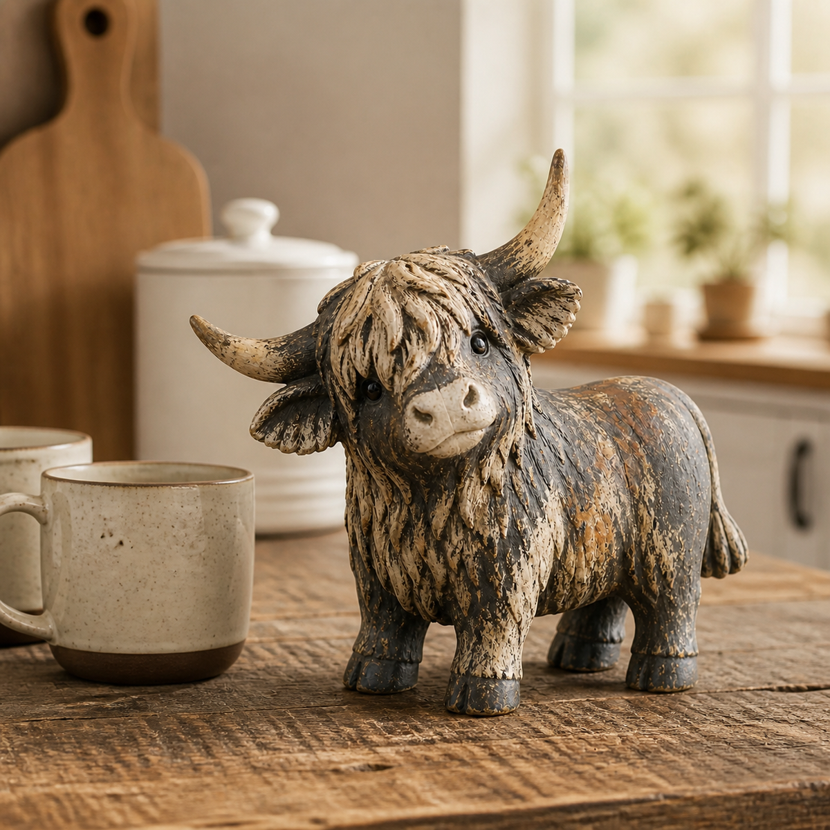 Rustic Highland Cow Figurine Charming Farmhouse Tabletop Decor