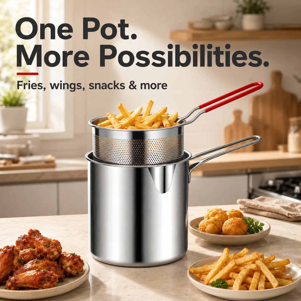 2026 Personal Mini Deep Fryer Set Stainless Steel Pot with Lift-Out Draining Basket & Food Tongs