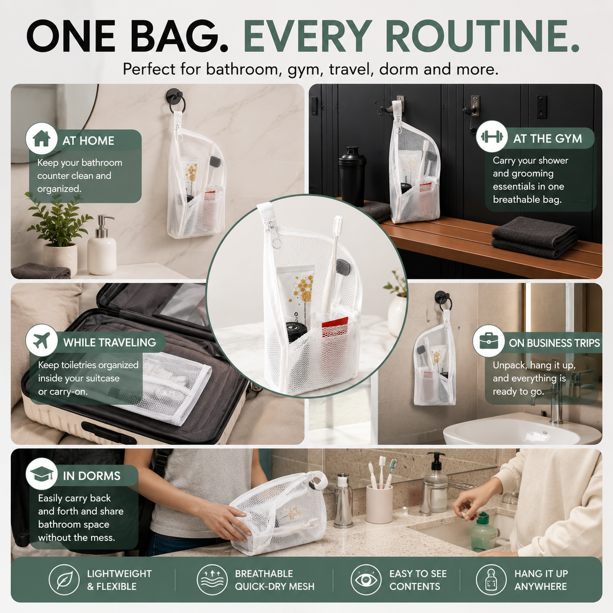 Portable Quick-Dry Mesh Toiletry Bags Hanging Travel Organizers with Toothbrush Slots