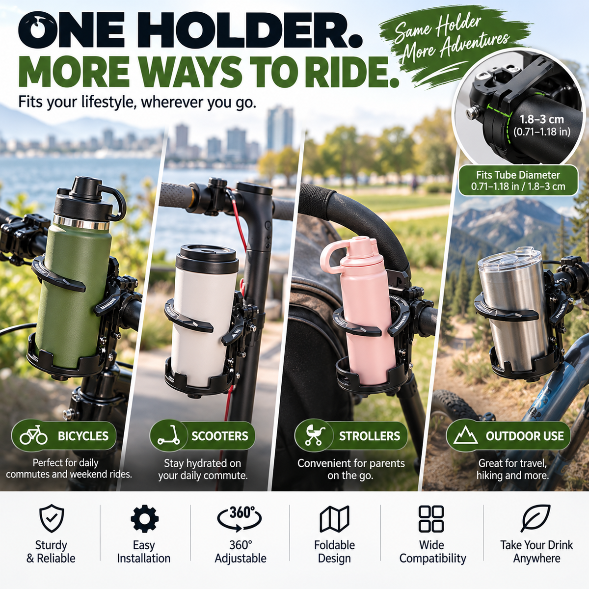 Foldable 360 Rotating Bike Cup Holder Adjustable Space-Saving Drink Mount