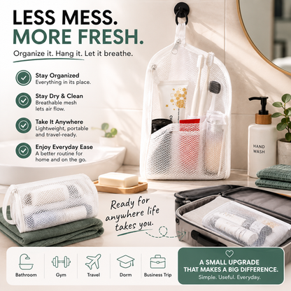 Portable Quick-Dry Mesh Toiletry Bags Hanging Travel Organizers with Toothbrush Slots