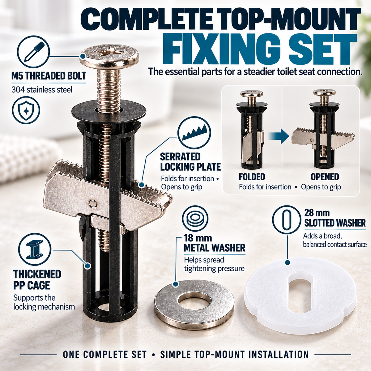 Universal Locking Toilet Seat Fixing Bolt 304 Stainless Steel Quick-Lock Kit with 2 Washers