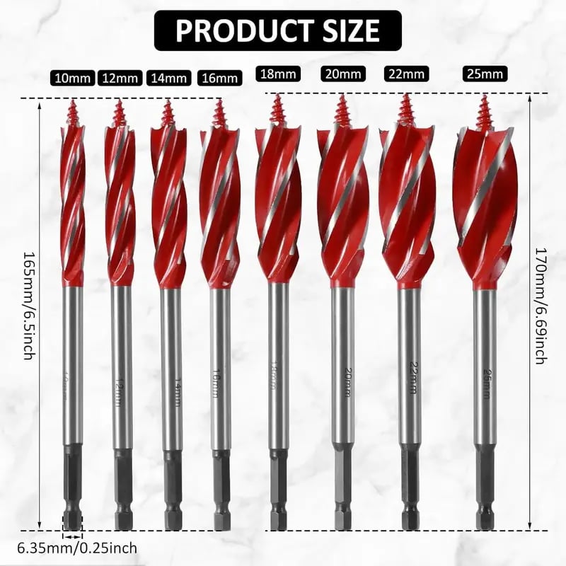 8PCS High Carbon Steel Wood Drill Bits Set, 4-Flute Hex Shank Wood Boring Bits 10-25mm for Timber Plastic Drilling