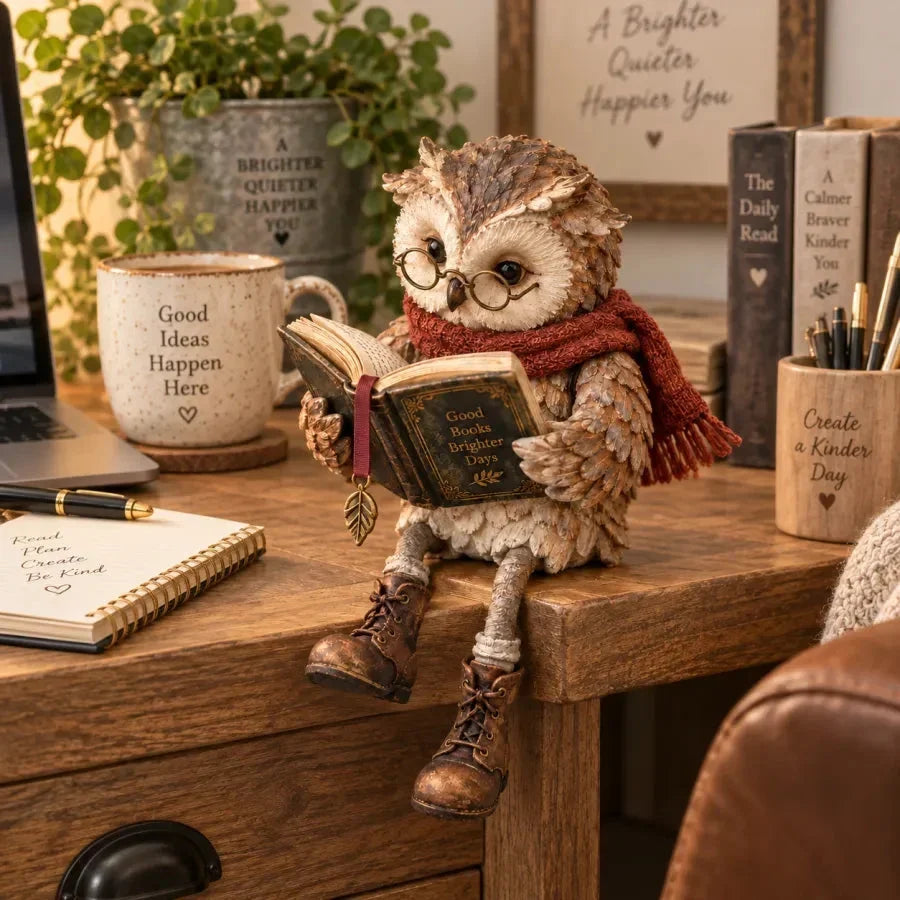 Reading Owl Figurine Cosy Bookshelf Decor for Book Lovers