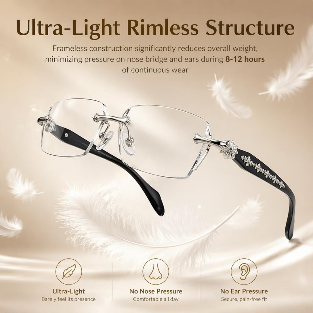 Rimless Diamond-Cut Glasses Stainless Steel Temple, Unisex