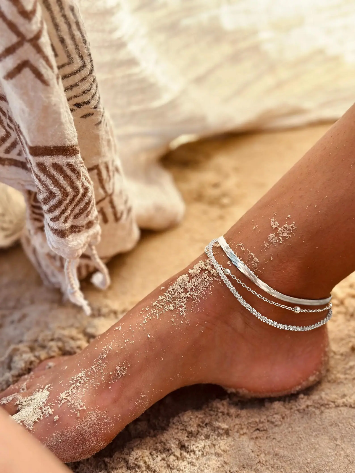 Women's Silver Ankle Bracelet Set - Dainty Layered Waterproof Sparkly Herringbone Beaded Rope Chain