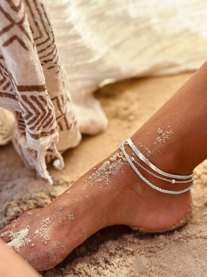 Women's Silver Ankle Bracelet Set - Dainty Layered Waterproof Sparkly Herringbone Beaded Rope Chain