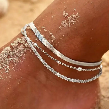 Women's Silver Ankle Bracelet Set - Dainty Layered Waterproof Sparkly Herringbone Beaded Rope Chain