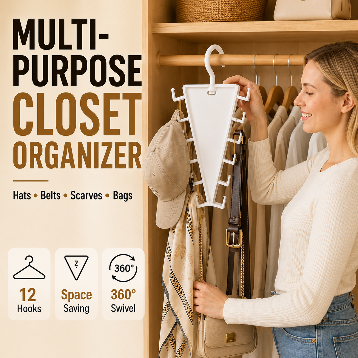12-Hook V-Shaped Closet Organizer Save Space & Keep Accessories Tidy