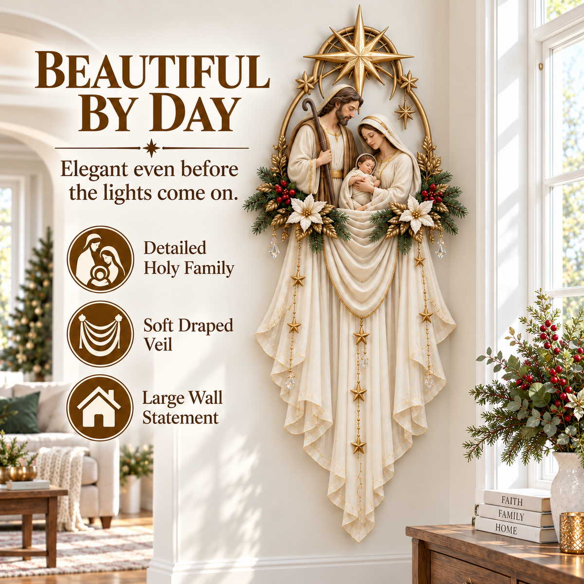 Holy Family Star Veil Cascade Lighted Nativity Christmas Wall Decor
