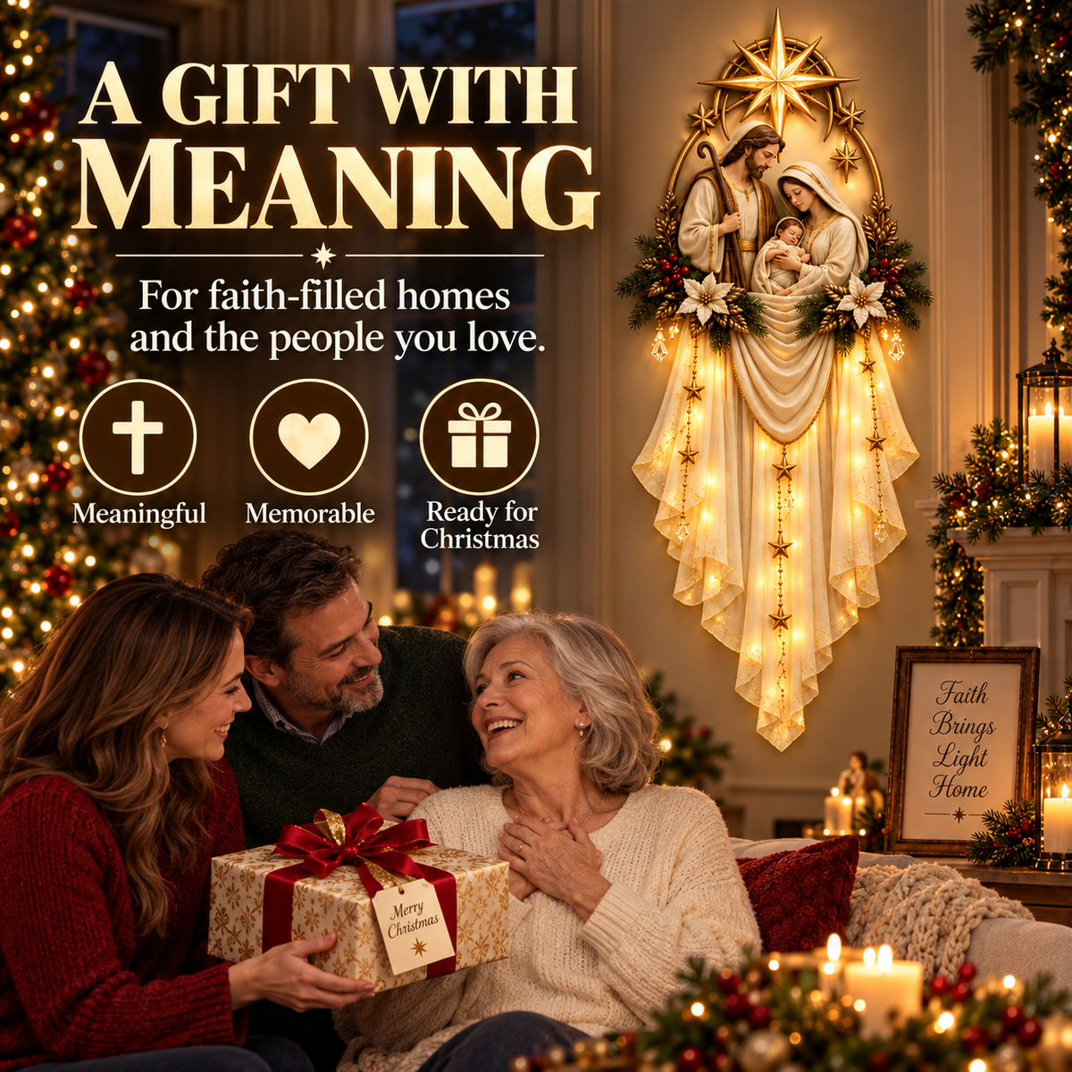 Holy Family Star Veil Cascade Lighted Nativity Christmas Wall Decor