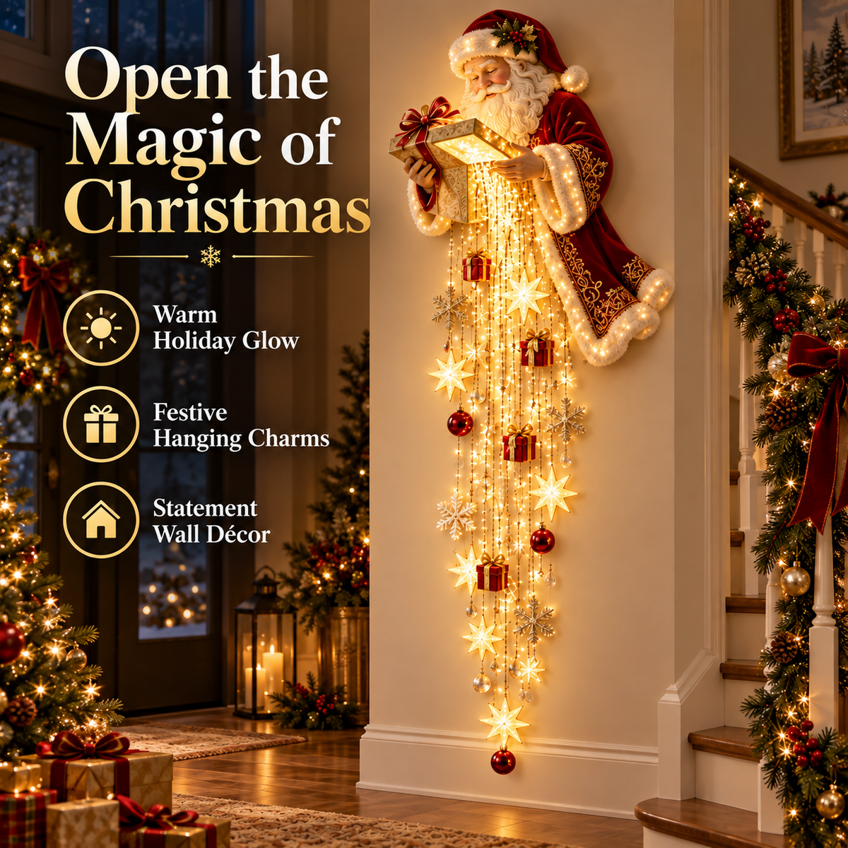 Santa s Magical Gift Starfall Cascade | Lighted Christmas Wall Decor