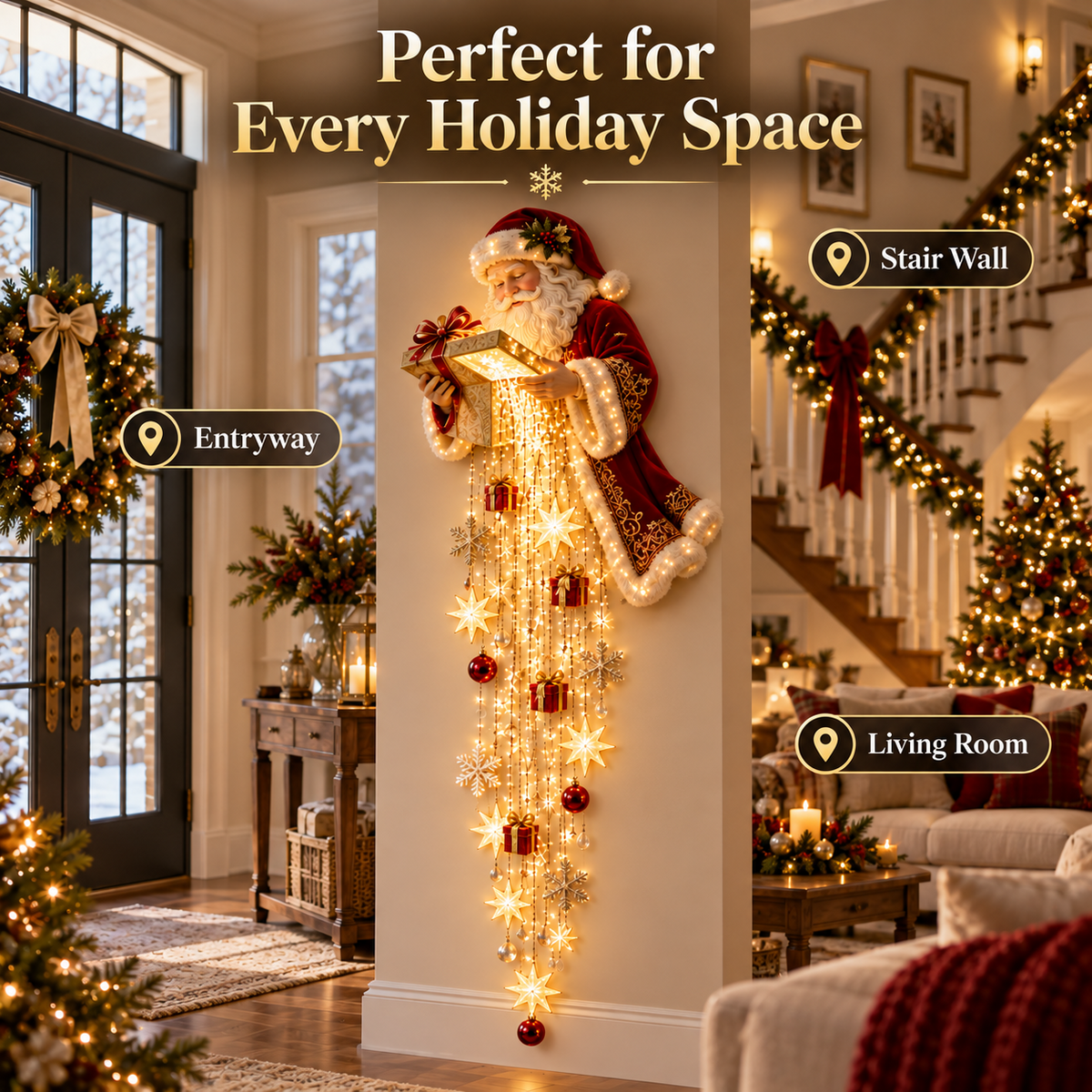 Santa s Magical Gift Starfall Cascade | Lighted Christmas Wall Decor