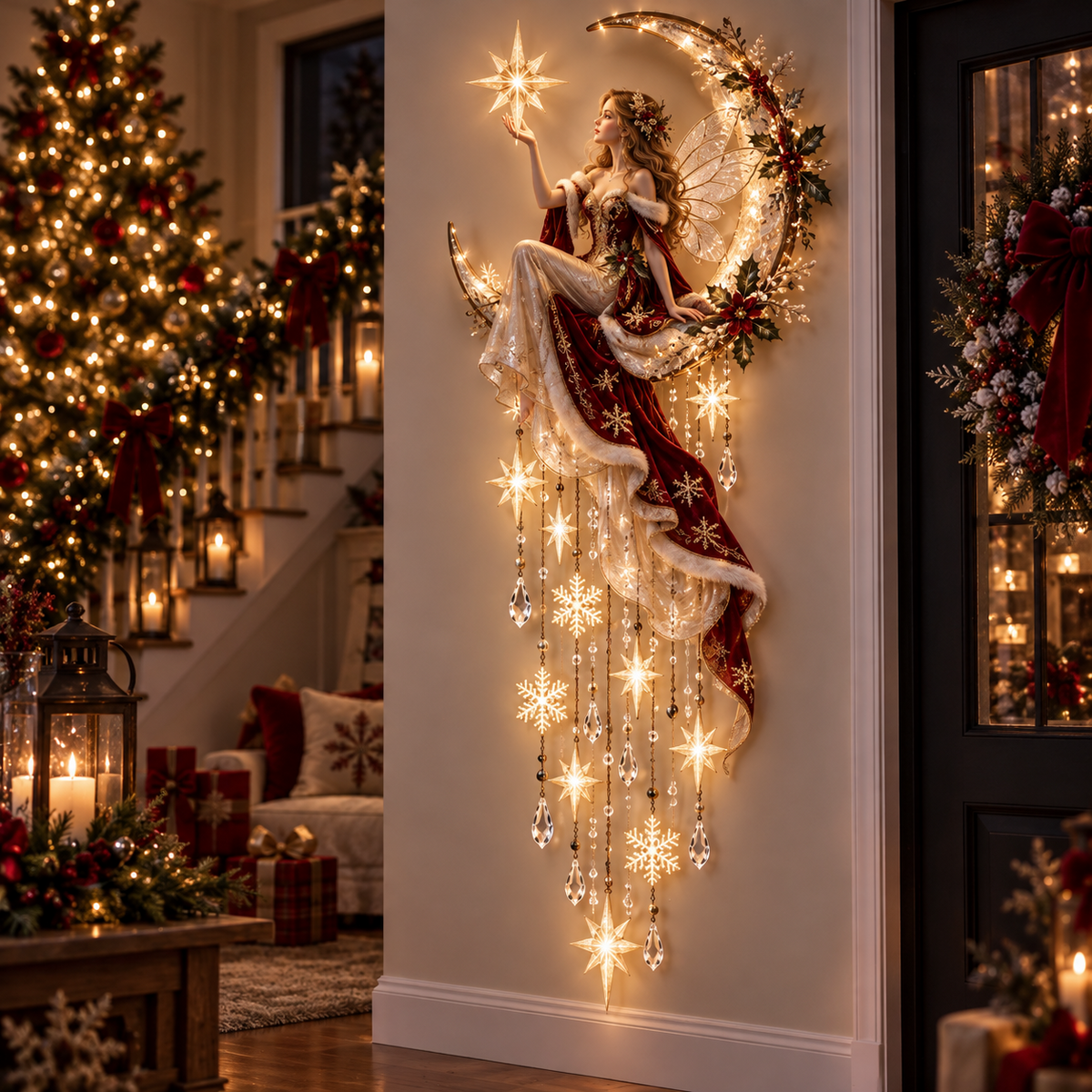 Enchanted Butterfly Moon Magical Fairy Starfall Wall Light with Cascading Crystal Glow
