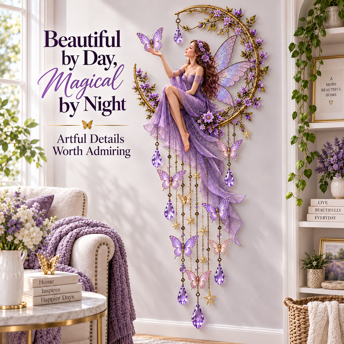 Enchanted Butterfly Moon Magical Fairy Starfall Wall Light with Cascading Crystal Glow