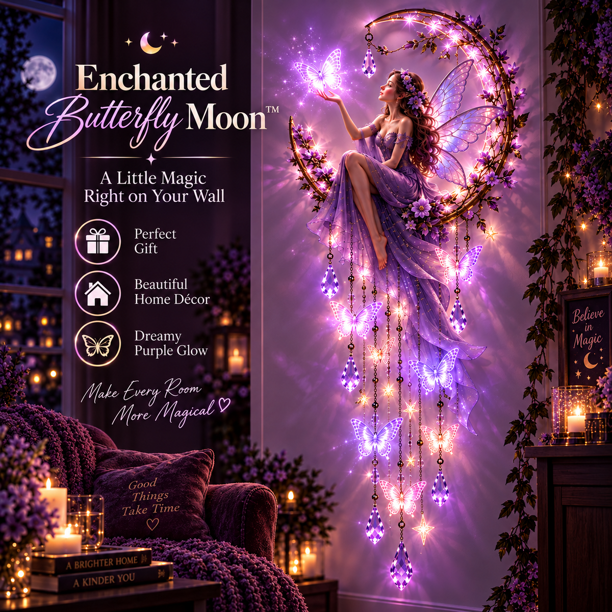 Enchanted Butterfly Moon Magical Fairy Starfall Wall Light with Cascading Crystal Glow