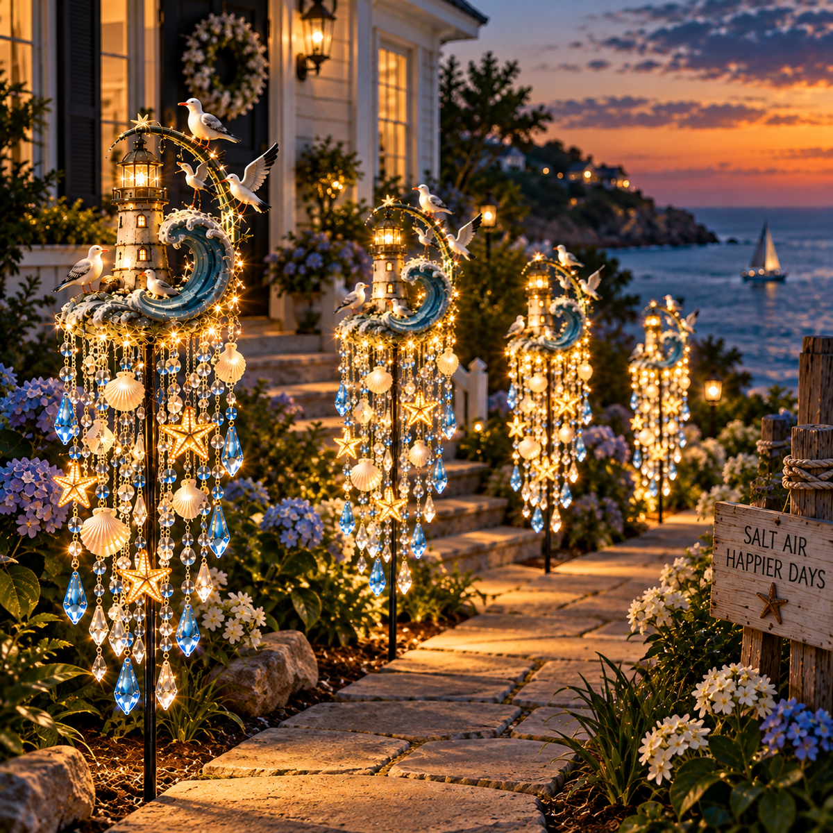 Lighthouse Tide Glow Solar Lighthouse Garden Stake Light with Crystal Tassels