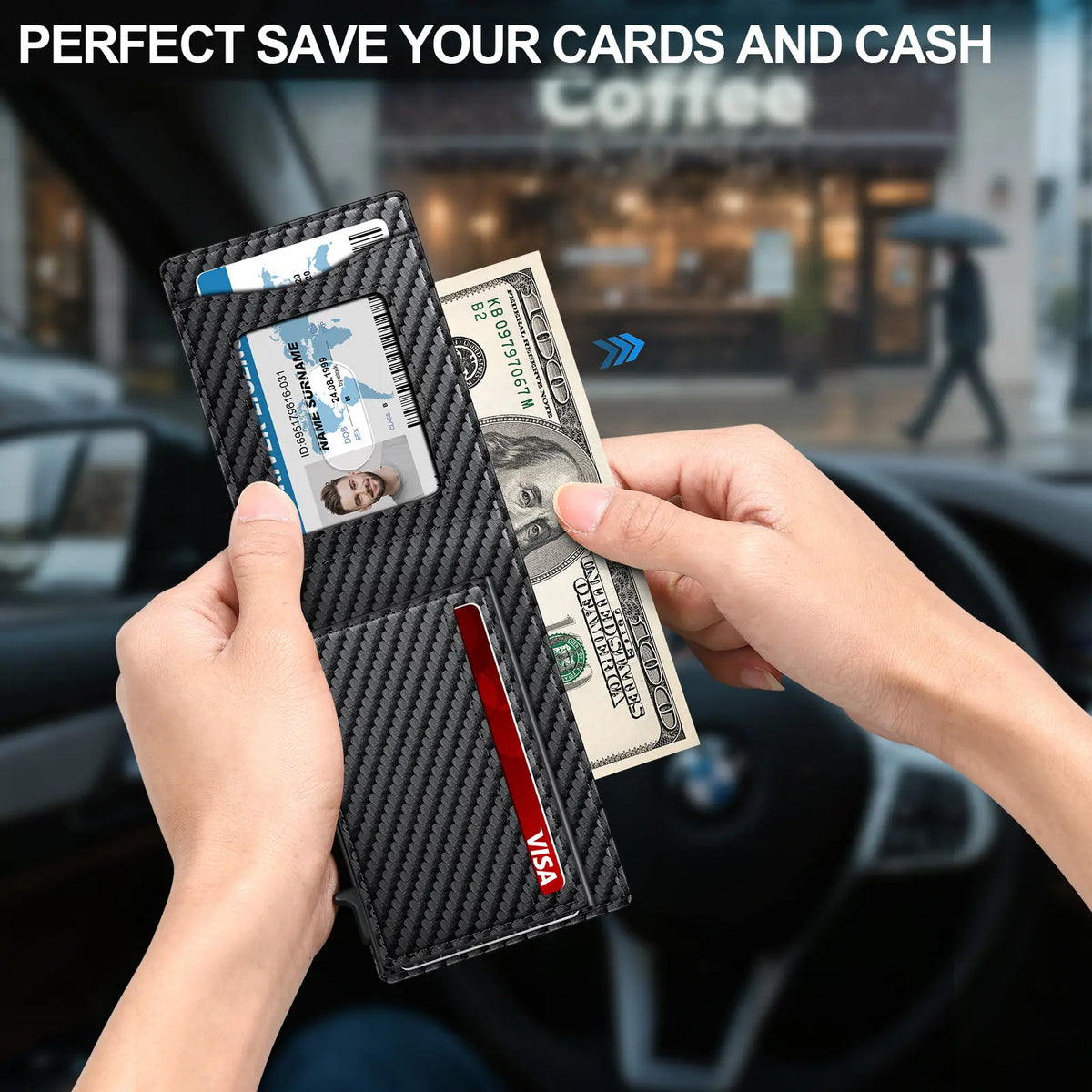 Men's RFID Minimalist Bifold Wallet - 1 ID Window, Pop Up Card Holder, Money Clip