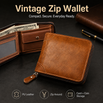 Vintage Zip Wallet, Bifold Card Coin Purse