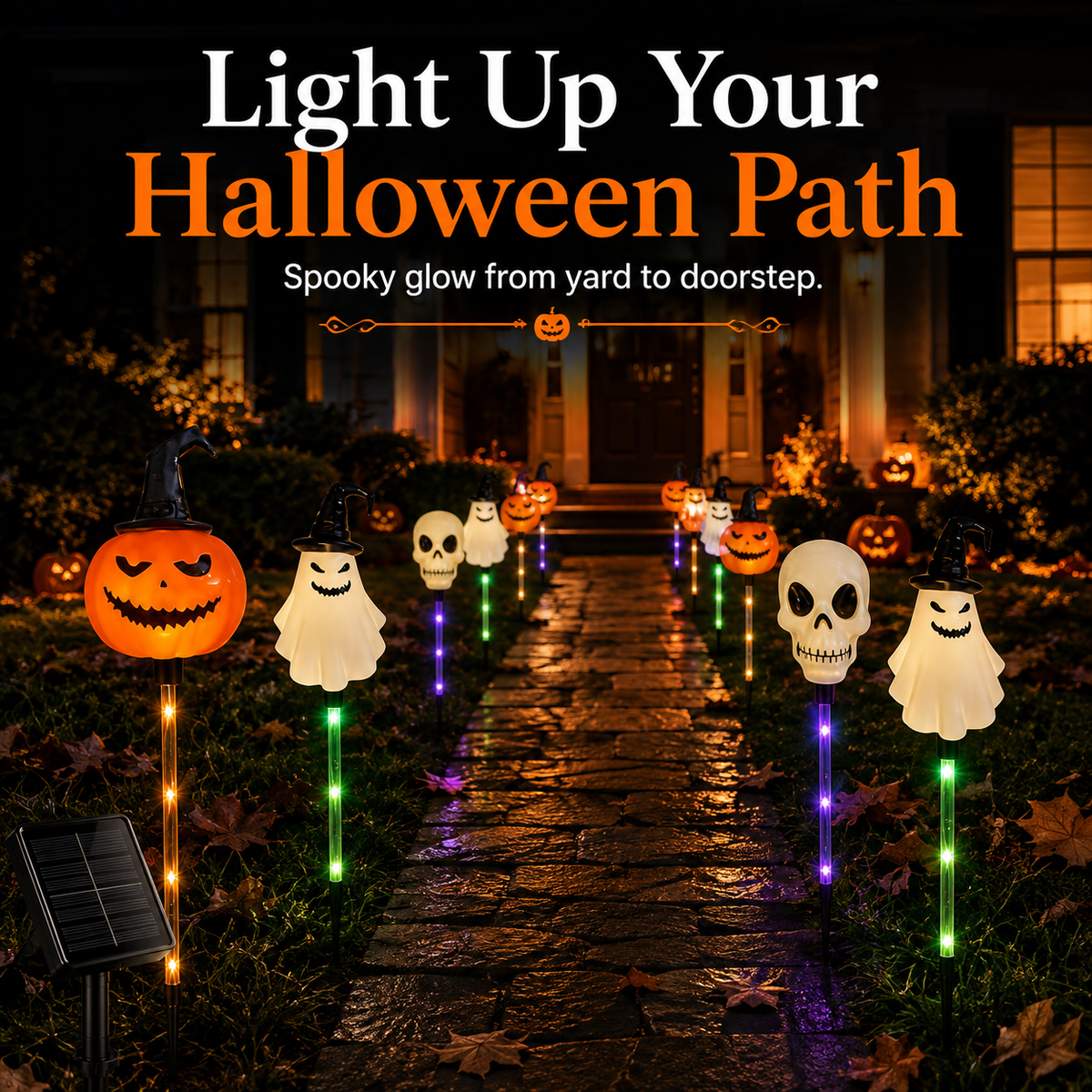 Solar Halloween Pathway Stake Lights with Pumpkins, Ghosts & Skulls
