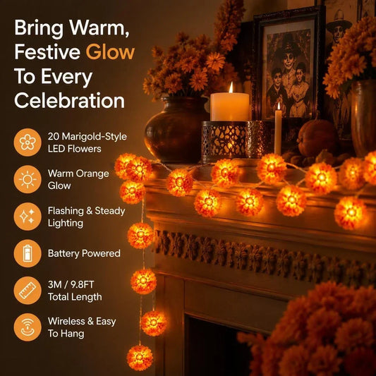 Marigold LED Memorial String Lights 20 Glowing Flowers for Ofrendas & Remembrance